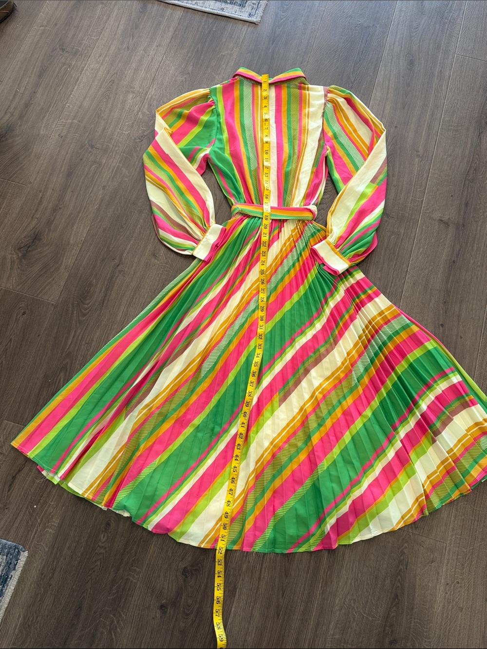 Flying Tomato Rainbow Stripe Pleated Maxi Dress Long Puff Sleeve Tie Waist Small - Picture 9 of 11